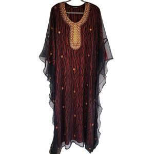 Kashkha Beaded Kaftan XL Sheer Black Dubai Maxi Dress Modest Boho Gothic Glam